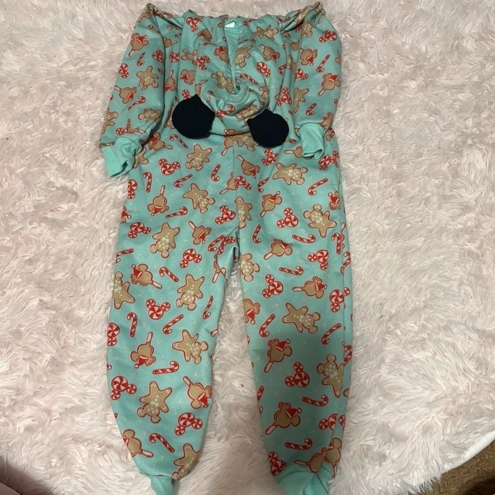 Disney Mickey Bars Mouse Holiday Gingerbread Hooded Romper Pajamas Kids 4
